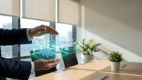 Businessman holding holographic digital interface with green data visualization and network connections in modern office workspace.