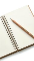 Open spiral notebook with blank cream pages and wooden pencil on white background, ready for writing, sketching, planning, and creative projects.