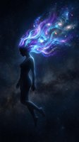 Woman silhouette with cosmic galaxy hair flowing in space surrounded by stars and nebula clouds. Fantasy art concept for meditation and spiritual awakening designs.