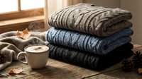 Stacked knit sweaters in neutral and blue tones with warm beverage and autumn leaves for cozy fall lifestyle and seasonal home decor content.