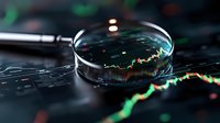 Magnifying glass on financial chart showing stock market analysis with red and green candlestick pattern, dark background with selective focus.