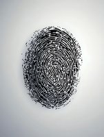 Black fingerprint pattern on light gray background, detailed biometric identification mark showing unique ridges and loops for security and forensic concepts.