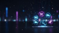 Digital commerce icons floating above glowing platform with network connections on dark tech background for online shopping and ecommerce concepts.
