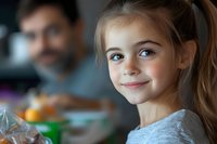Young blonde girl smiling at camera during family breakfast time with father in background at home kitchen table for morning meal togetherness.