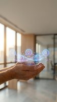 Hands holding holographic digital icons representing software development lifecycle with modern office background for technology presentations.