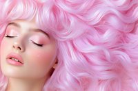 Young woman with pink wavy hair, closed eyes and natural makeup on pink background. Trendy fashion portrait showing soft feminine beauty and pastel colored hairstyle.
