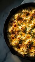 Creamy baked cauliflower gratin with golden cheese crust and fresh herbs in cast iron skillet, comfort food recipe for home cooking and restaurant menu.