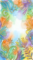 Watercolor frame with hand-drawn ornamental leaves, stars, and swirls in rainbow colors on white background. Isolated design element suitable for greeting cards, invitations, posters, and digital projects.