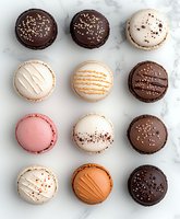 Assorted French macarons in chocolate, vanilla, caramel and pink colors arranged in rows on marble background, decorated with drizzle and sprinkles.