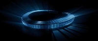 Futuristic blue glowing torus ring with digital grid pattern and light rays on dark background for technology and sci-fi design projects.