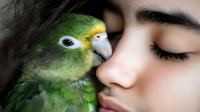 Close-up portrait of young Asian woman with closed eyes and green parrot. Gentle artistic photo showing connection between human and bird in natural light.