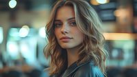 Young woman with wavy blonde hair and natural makeup in urban setting with bokeh lights background, looking confidently at camera.