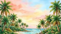 Watercolor tropical beach scene with palm trees framing a colorful sunset sky over calm ocean waters, vibrant summer paradise artwork.