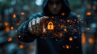 Mysterious hooded figure touching digital security interface with glowing orange padlock icons and network connections against dark background.