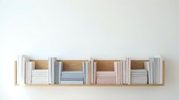 Minimalist wooden wall shelf with organized books and notebooks in neutral tones for modern home office or study room interior design.