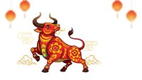 Red bull with golden ornamental patterns and traditional lanterns on white background. Chinese zodiac symbol for lunar new year celebration and festival.