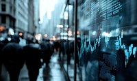 Blurred urban street scene with stock market graph overlay showing financial data charts, combining city life and trading analytics in moody blue tones.