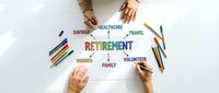 Retirement planning concept with hands around colorful text showing healthcare, savings, travel, hobbies, family and volunteer activities on white background.