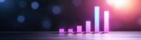 Growing purple bar graph chart with bokeh light effects on dark background shows business growth and success analytics data visualization.