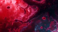 Microscopic view of red blood cells and plasma in dark red tones with floating particles and organic structures creating dramatic medical science composition.