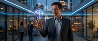 Professional businessman interacting with holographic AI interface in modern corporate office lobby for technology and innovation concepts.