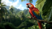 Vibrant scarlet macaw perched on tree branch against lush tropical rainforest background with palm trees and mountains, displaying brilliant red, yellow and blue plumage.