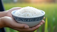 Hands holding bowl of cooked white rice with decorative blue pattern rim outdoors for healthy meal preparation and Asian cuisine cooking concepts.