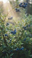 Fresh blueberries on bush branches with morning dew drops, glowing sunlight rays in background, lush green leaves in summer garden.
