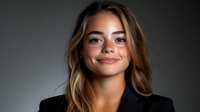 Young Caucasian businesswoman with long brown wavy hair and confident smile wearing black blazer against dark gray background, professional headshot portrait.