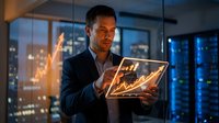 Professional businessman analyzing glowing financial data charts on transparent tablet in modern office at night for business analytics and investment decisions.