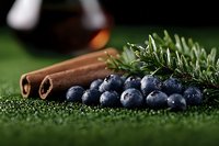 Fresh blueberries with water drops, cinnamon sticks and rosemary sprig on dark green textured background, selective focus macro food photography.