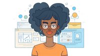 Young African American businesswoman with natural curly hair and glasses in orange top against digital workspace background, perfect for business and technology concepts.