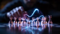 Chess pieces on dark reflective surface with glowing blue light trail creating magical atmosphere and dramatic lighting effect. Strategic game concept.