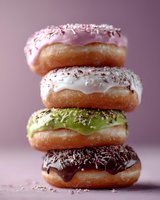 Stack of colorful glazed donuts with sprinkles on pink background, featuring chocolate, matcha green, white, and strawberry pink toppings, macro food photography.