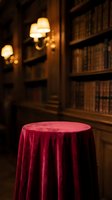 Elegant library interior with red velvet covered table, warm lighting and wooden bookshelves creating sophisticated academic atmosphere for luxury events.