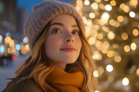 Young woman in knit beanie and orange scarf gazing upward with dreamy expression against blurred golden bokeh lights from holiday decorations and Christmas tree.
