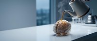 Hot coffee being poured over brain-shaped pastry on white counter in modern kitchen setting with window view creating artistic breakfast concept.