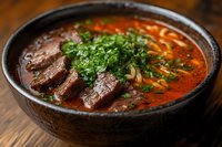 Spicy Asian soup with tender beef slices, noodles and fresh herbs in black ceramic bowl on wooden table, garnished with chopped green onions and cilantro.
