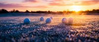Frost-covered spheres scattered across frozen ground at sunrise, creating an abstract winter landscape with golden light and bokeh effects.