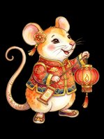 Cute mouse character wearing traditional red and gold ceremonial outfit holding decorative lantern, isolated on transparent background ready for t-shirts, stickers, clipart and print-on-demand designs.