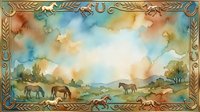 Horses grazing in pastoral landscape with golden light, ornate decorative border frame, watercolor style artwork for equestrian, farm, and nature-themed designs.