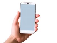 Hand holding modern white smartphone with blank screen isolated on white background, mockup for app or web design presentation.