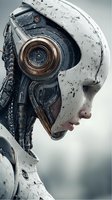 Futuristic female cyborg android robot with mechanical parts and weathered white armor in sci-fi technology concept for artificial intelligence design.