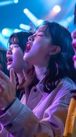 Young Asian women at concert singing along enthusiastically with bright stage lights creating atmospheric blue and purple lighting effects in background.