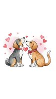 Two adorable beagle dogs in love sharing heart on white background for Valentine's Day greeting cards and romantic pet designs.