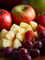 Fresh fruit composition with red apples, juicy pineapple chunks, ripe strawberries and purple grapes on dark background, macro food photography.
