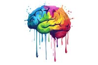 Colorful brain with rainbow paint drips, symbolizing creativity, innovation, and diverse thinking in psychology, education, and neuroscience.