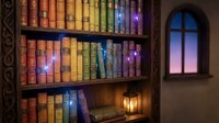 Magical library interior with glowing books on wooden shelves, arched window showing twilight sky, mystical atmosphere for fantasy storytelling concepts.