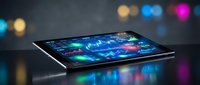 Digital tablet displaying colorful financial trading charts and data analytics on screen with bokeh lights background for business technology applications.
