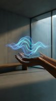 Hands holding glowing blue energy waves in modern office space with natural light streaming through windows creating futuristic holographic display.